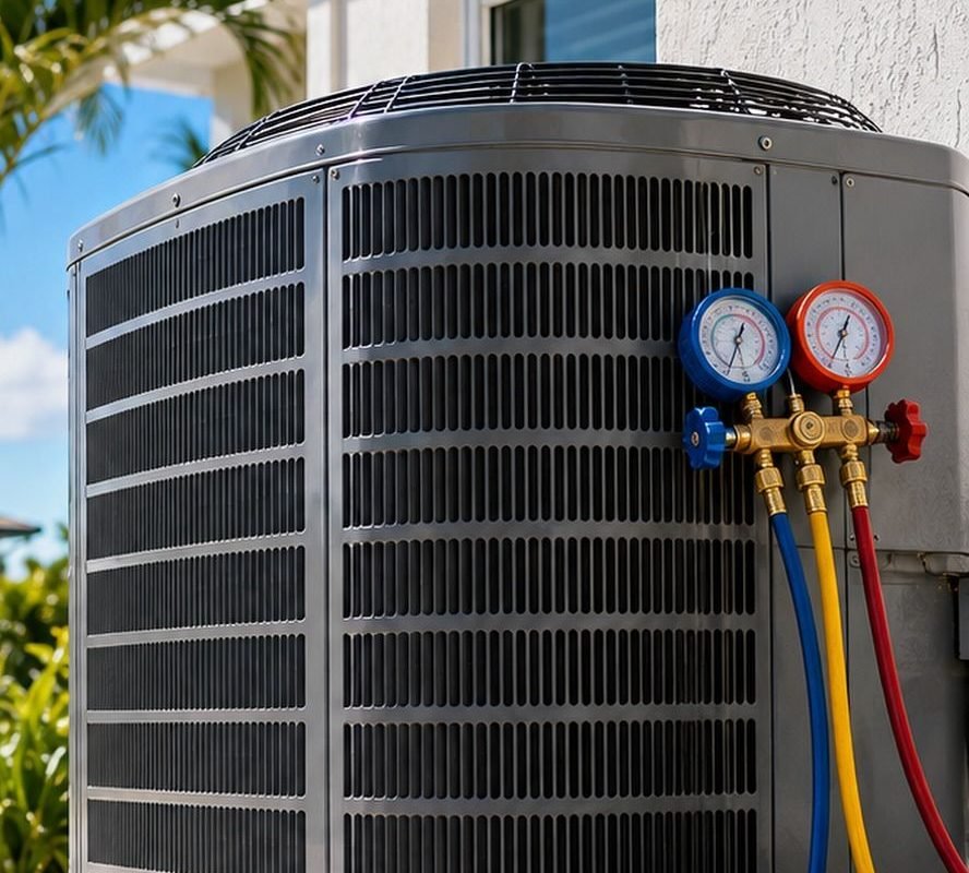 Outdoor AC condenser with refrigerant gauges connected during a service check