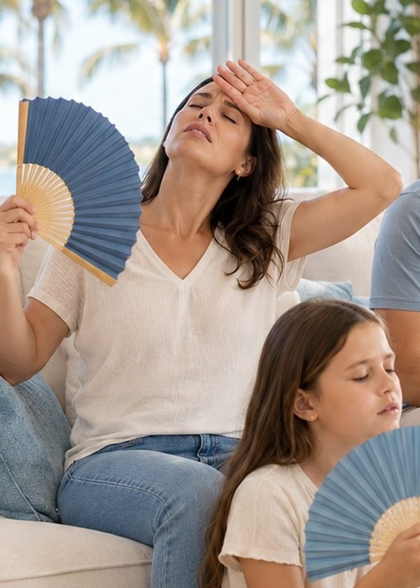 Family on a couch fanning themselves on a hot day because the AC is not cooling
